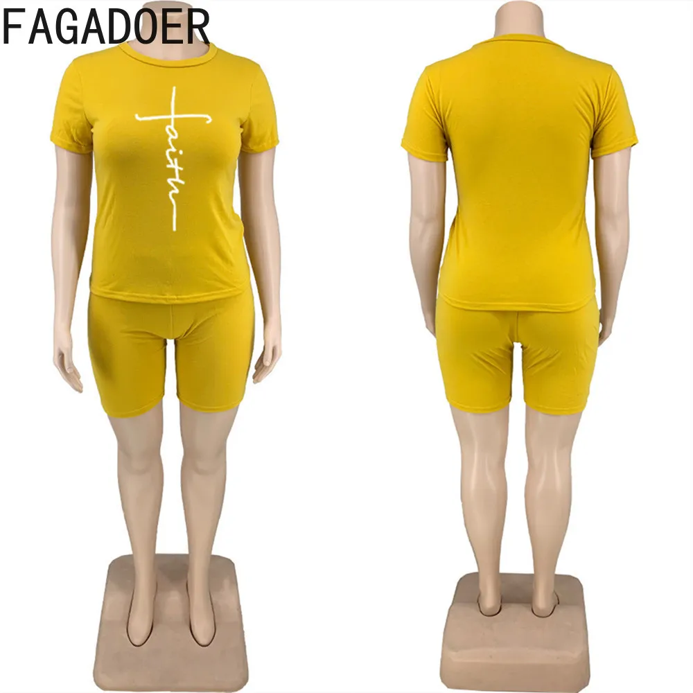 FAGADOER Casual Solid Plus Size Two Piece Set XL-5XL Women Round Neck Print Top + Biker Shorts Tracksuit Female Sport 2pcs Suits