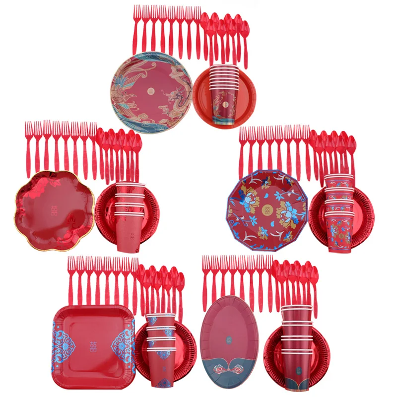 

Chinese style Round Plate Disposable Tableware Set Party Table Decoration Baby Shower Cup Plates Wedding Birthday Party Supplies