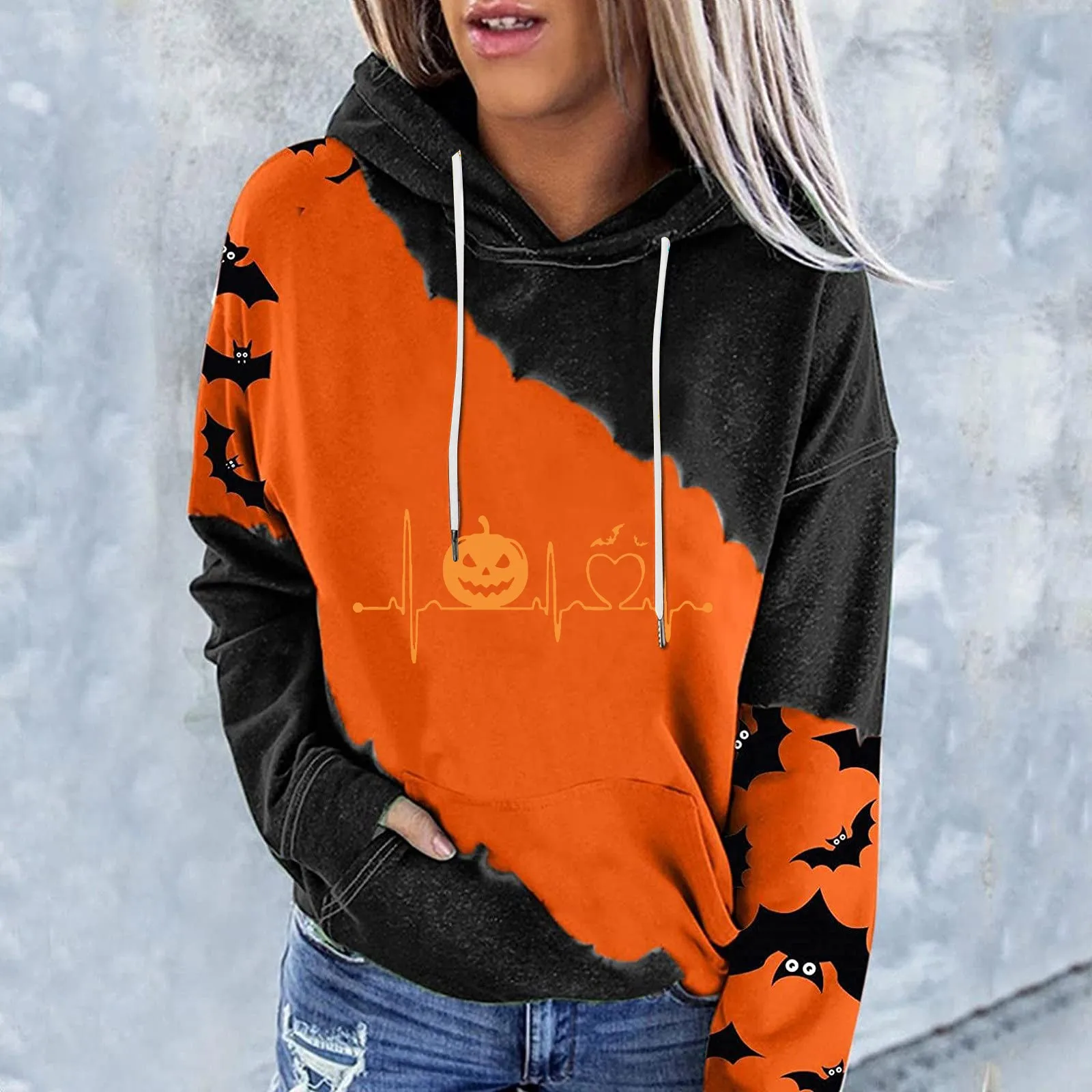 

Halloween Costumes For Women Casual Long Sleeve Hooded Loose Drawstring Pumpkin Skeleton Hoodie Pullover over Sweatshirts Women