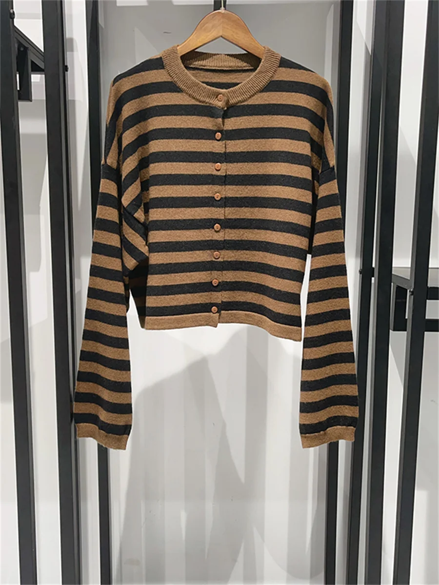 Женский винтажный трикотажный кардиган в полоску модный однобортный свитер с