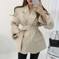 2021 new korean version of chic temperament herringbone pattern bandage waist was thinner quilted thick suit woolen jacket women