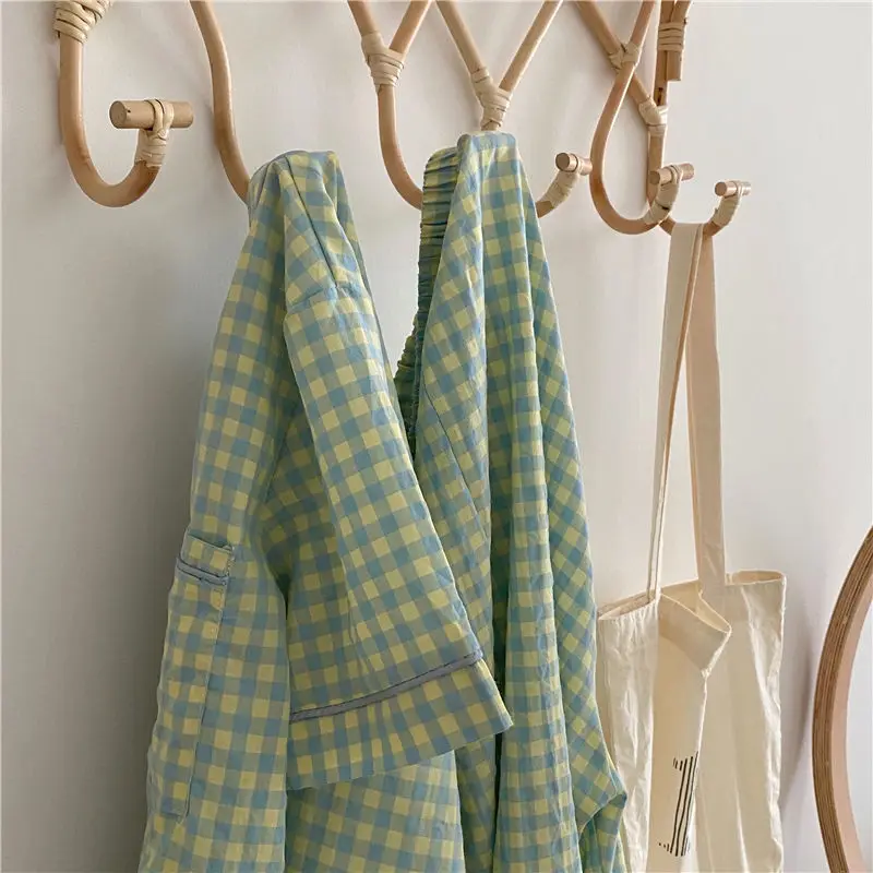 QWEEK Plaid Women's Pajamas Female Brief Lounge Set Woman 2 Pieces Sleepwear Suit Pijama Korean Short Sleeve Pyjamas Nightwear