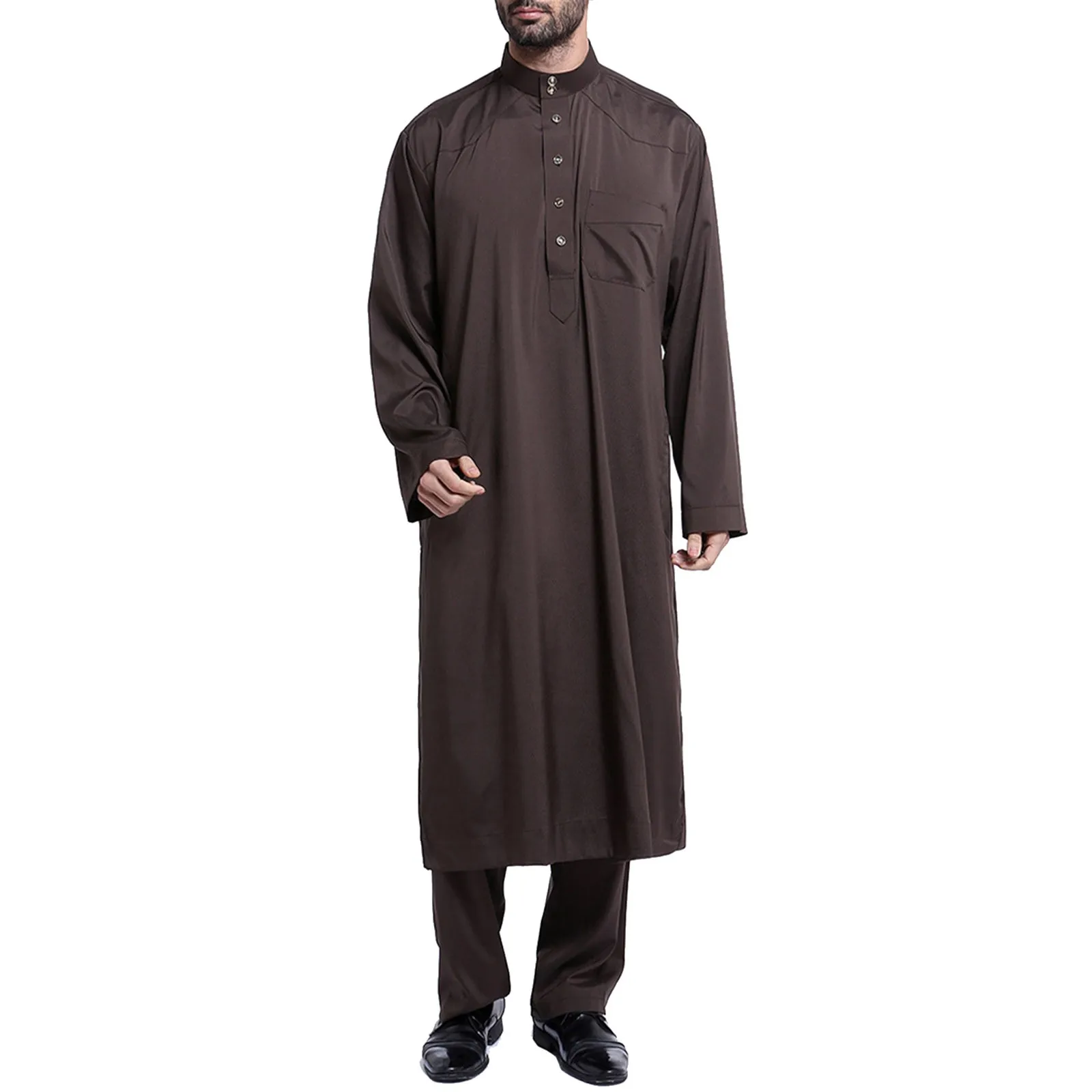 Men's Casual Muslim Arab Middle Solid Color Collar Long Sleeved Robe Solid Shirts Lapel