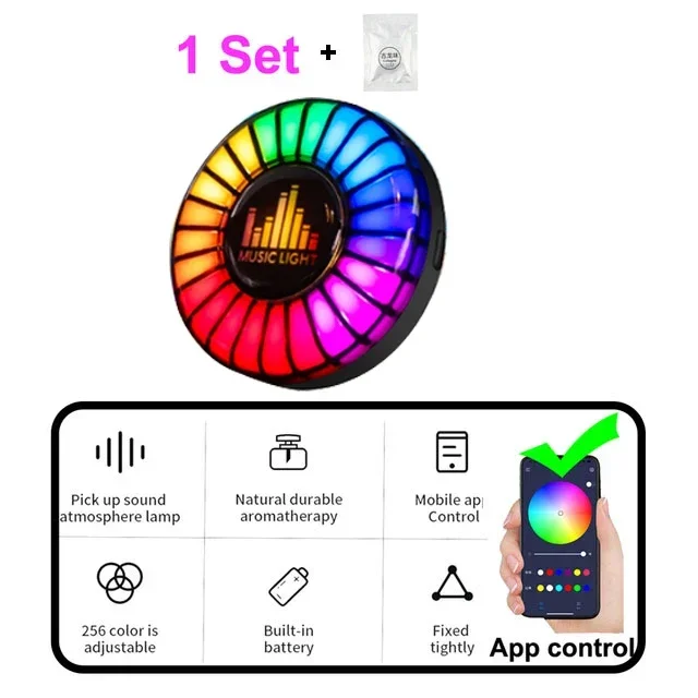

Автомобильная музыкальная лампа в ритме освежитель воздуха RGB светодиодная полоса управление голосом ритм атмосферы светильник 256 цветов опция управление через приложение