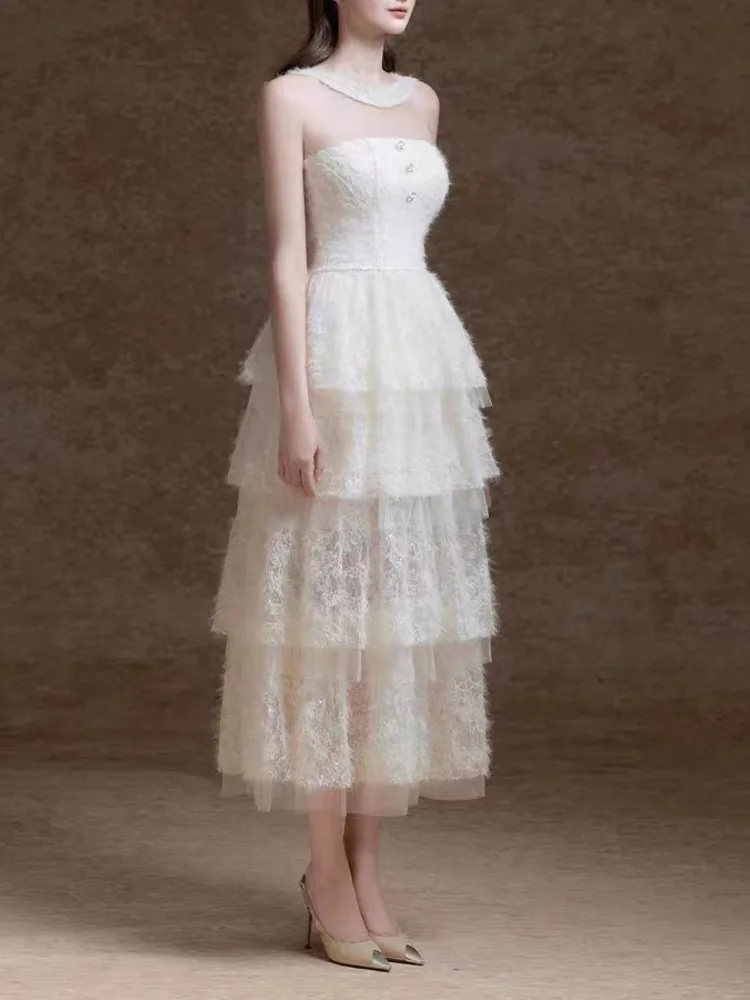 Женское платье без рукавов DEAT элегантное газовое с вышивкой круглым вырезом и