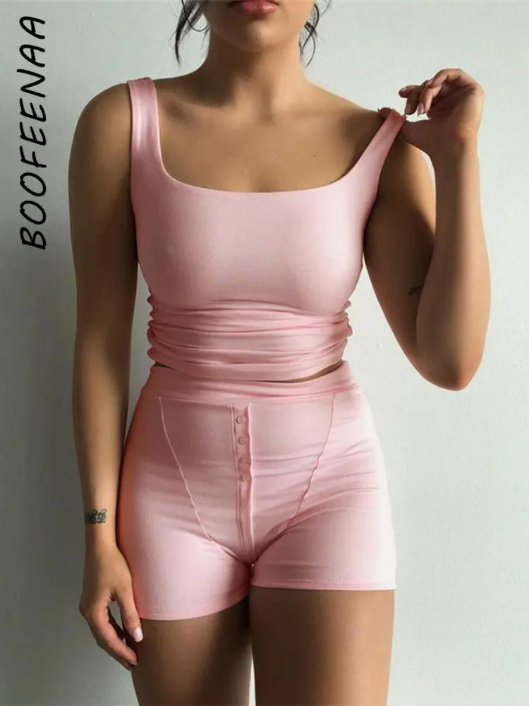 

Базовый комплект BOOFEENAA из двух предметов, удобный топ и шорты для отдыха, Женская Повседневная летняя одежда