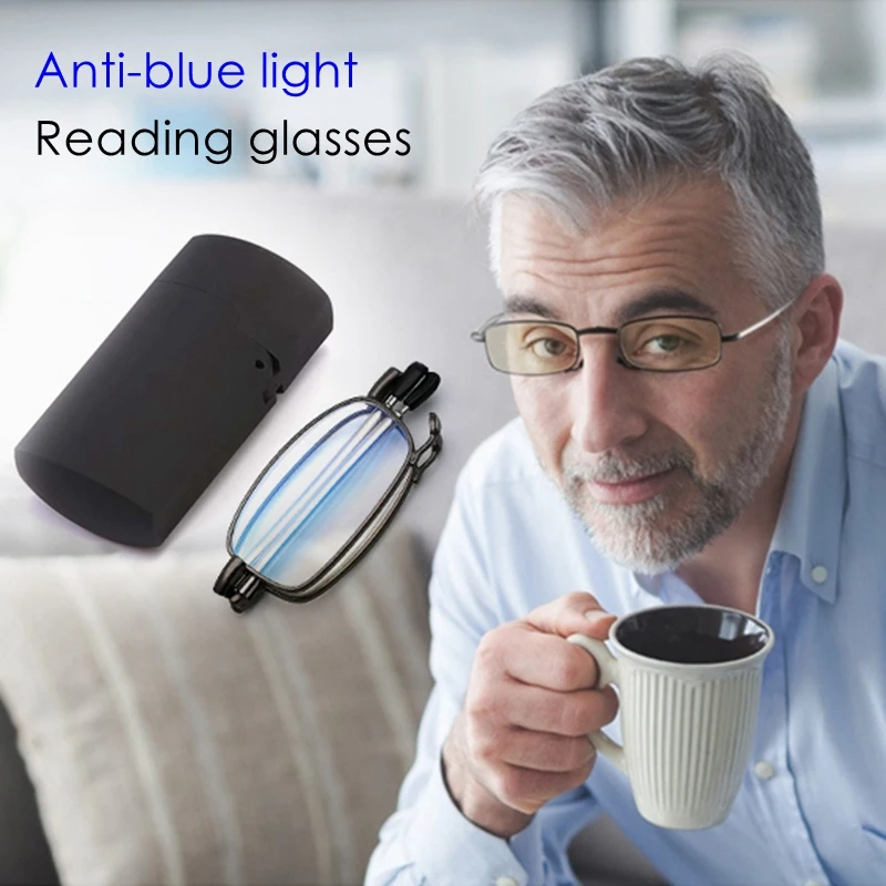 

Retractable Folding reading glasses men's anti-blue light metal frame Foldable Readers Presbyopia Glasses lighter case +1.5