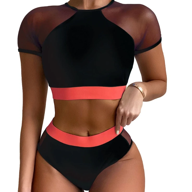 

Women Summer Sexy 2 Piece Bikini Set Contrast Mesh Patchwork Short Sleeve Crop Top High Waist Thong Swimsuit Color Block Padded