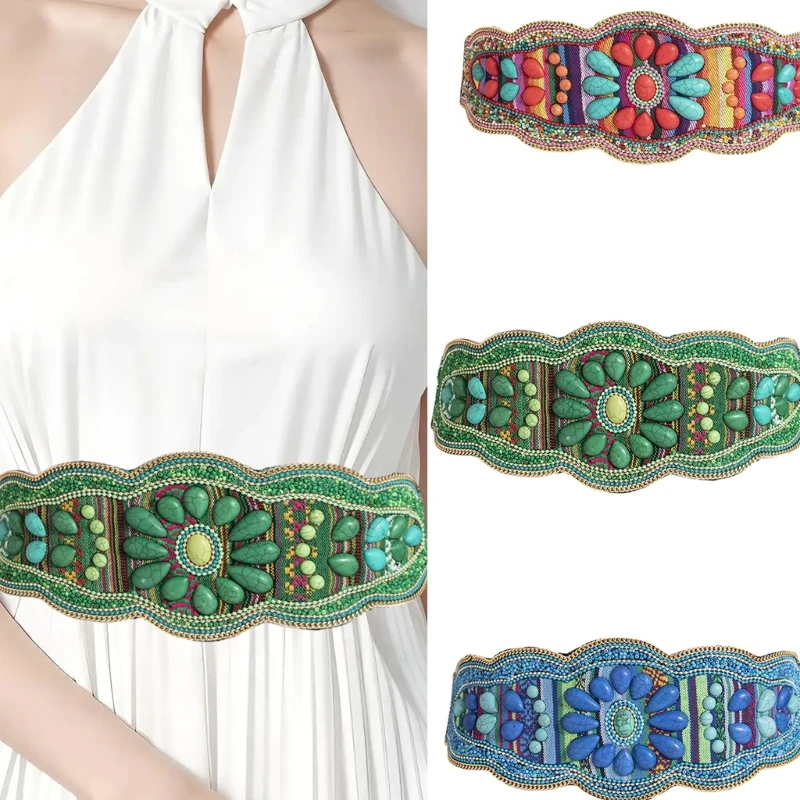 

Bohemian Waist Belt Hand Beading for Travel Ethnic Photography Props Stretchy Belt Heavy Duty Colorful Beads