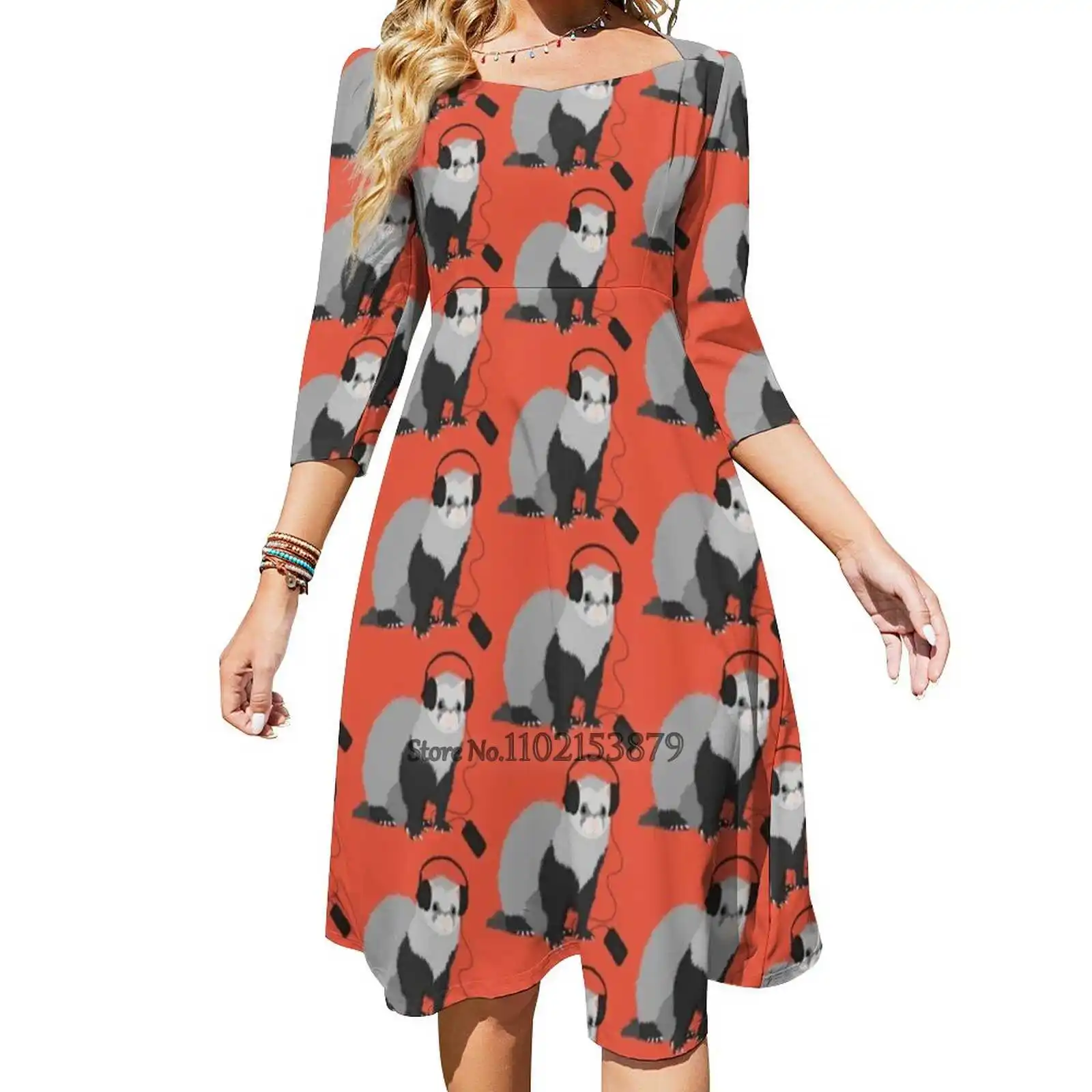 

Funny Musical Ferret Square Neck Dress Back Lacing Backless Dress Elegant Beach Party Dress Korean Ferret Cute Ferret Music