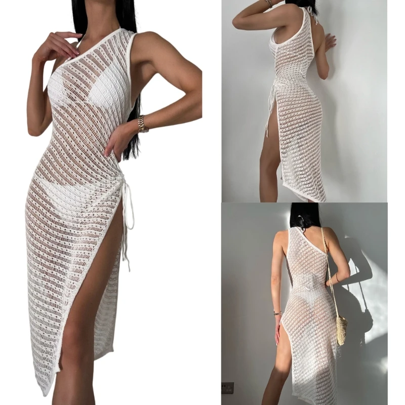 

Women Knitted Bikinis Cover Up Hollow Out Beach-Dress Sexy See Through Bathing Suit Cover Up for Swimming Pool Beachwear