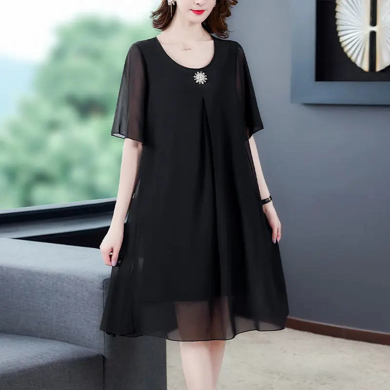 

2022 Summer Middle Aged Women Large Size Loose Chiffon Midi Dress Vintage Casual 5XL Dresses Elegant Vestidos P19