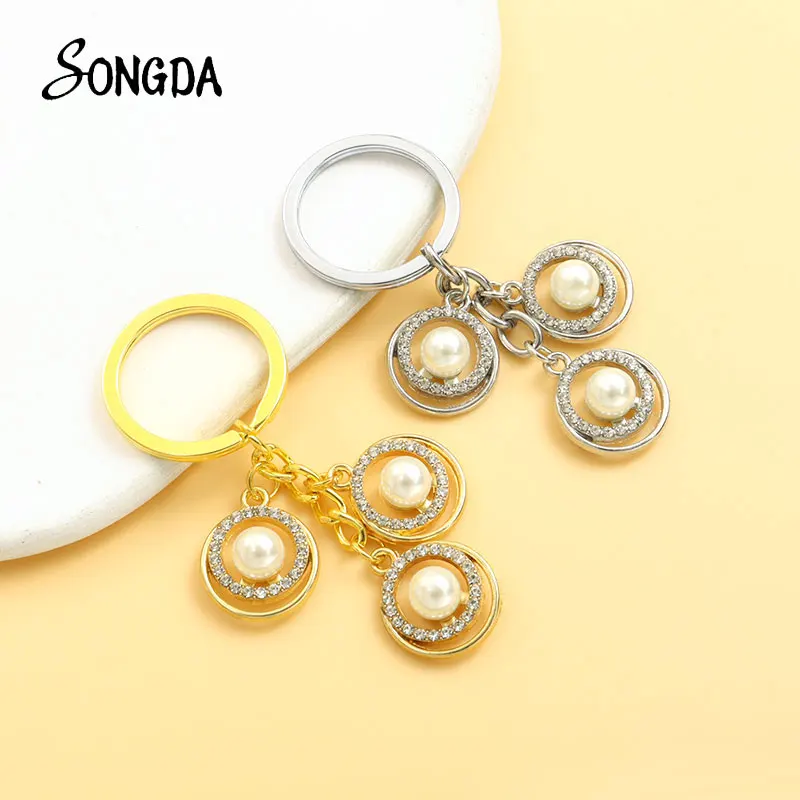 

Fashion Pearls Crystal Rhinestone Keychain Silver Plated Round Alloy Metal Charms Pendants Keyring Backpack Car Key Accessories