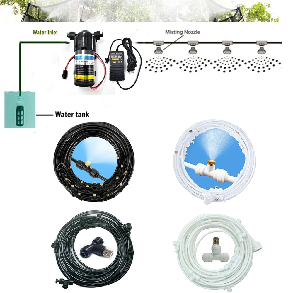 24V Water Pump Kit 6-12M Fine Misting Cooling System Quick Slip Nozzle Garden Irrigation Automatic Watering Kit Patio Greenhouse