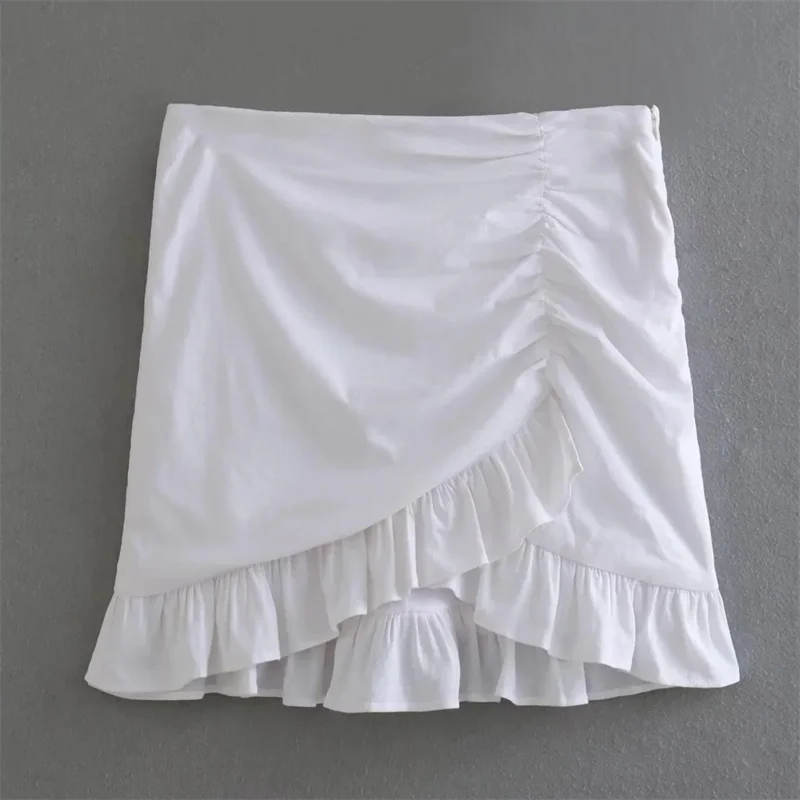 

TRAF Draped Mini Skirt For Woman 2023 Summer Commuting Style White Asymmetric Ruffled Hem High-waist Gathered Short Skirt