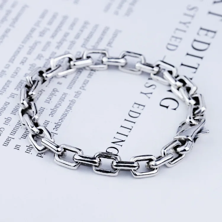 

S925 pure silver with neutral section bracelet square leisure men and women lovers network red live Thai silver bracelet for men