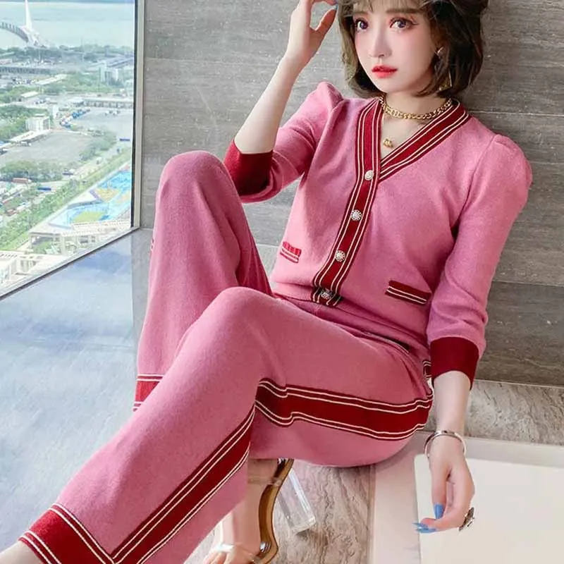 Korean Pink Women Knitwear 2 Pieces Patchwork Single Breasted Short Knitted Sweater Women Elastic Waist Wide Leg Pants Suit