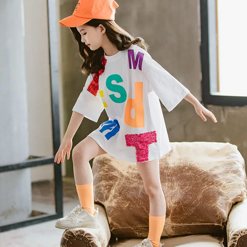 Children Letter Long T-Shirts Summer Tops Short Sleeve Clothing Kids Tees Dress for Girls 8 12 11 13 Teenage Girl Clothes