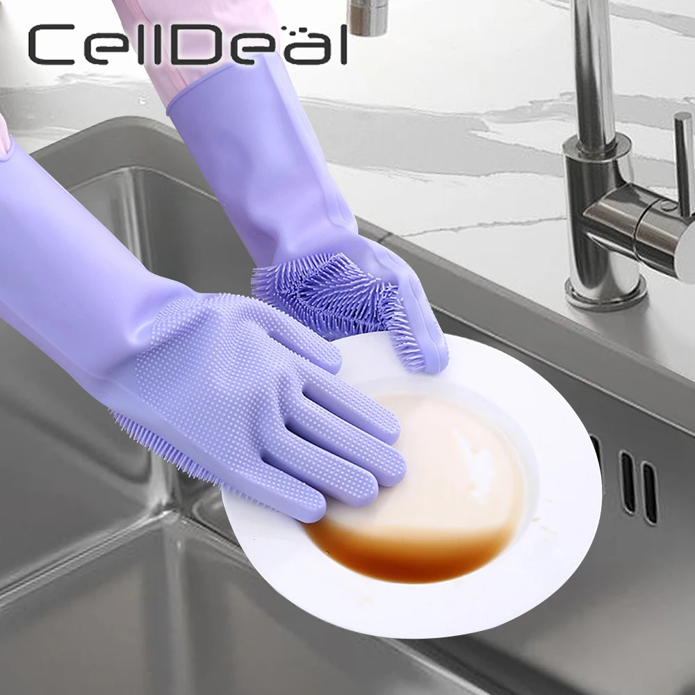 

Silicone Gloves 1 Pair Kitchen Cleaning Dishwashing Gloves Soft Scrubber Rubber Dish Washing Tools Kitchen Household Supplies