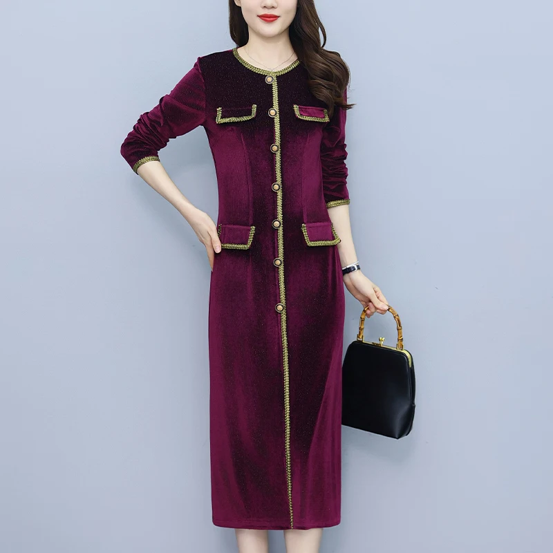 

Autumn Winter Women Velvet Long Dress Women Elegant Casual Single Breasted Long Sleeve Evening Party Dress Maxi Robe