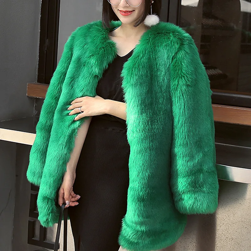 

Keep warm Women Winter Green V Neck Hairy Shaggy Faux Fox Fur Jackets Vintage Long sleeve Furry Faux Fur Coat Loose Outerwear