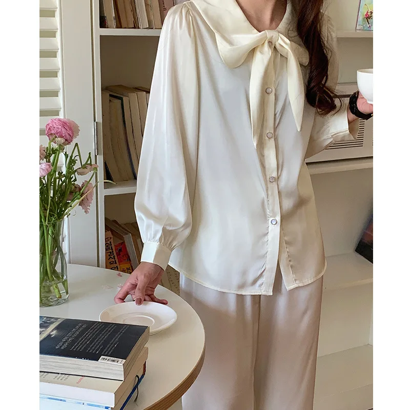 2023 New Arrival Spring and Autumn French Style Bow Ice Silk Pajamas Women's Long-Sleeved French Style Outerwear Home