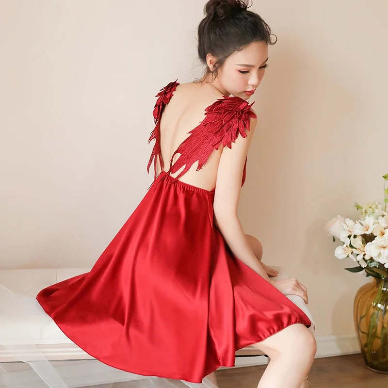 Удобное шелковое платье для сна с крыльями пикантная одежда женские ночные