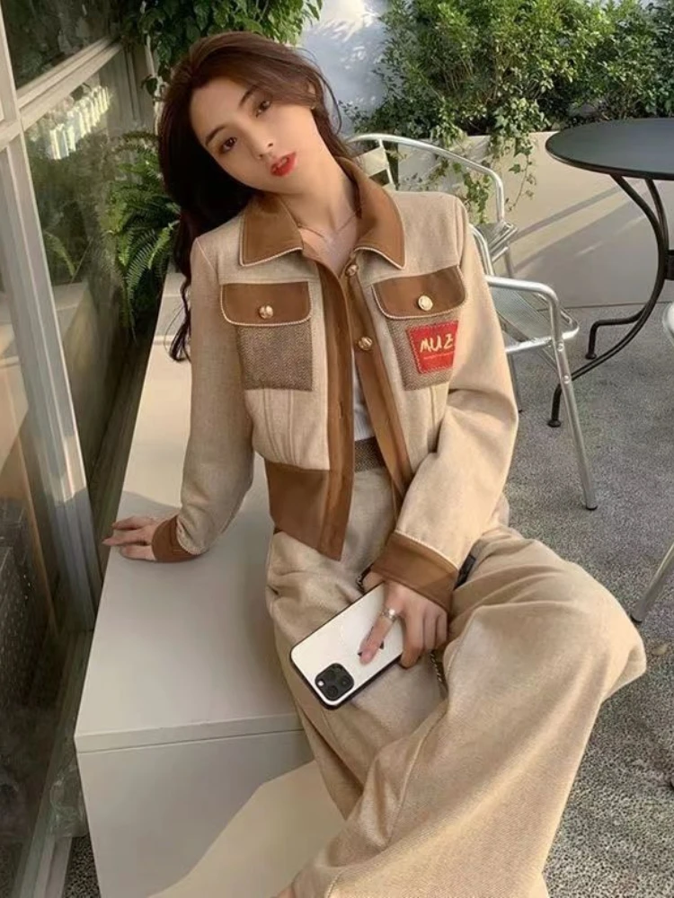 

Small Fragrance Two Piece Set Women Patchwork Pocket Contrast Color Pockets Short Coats Casual Loose Pantalones Vintage Sets