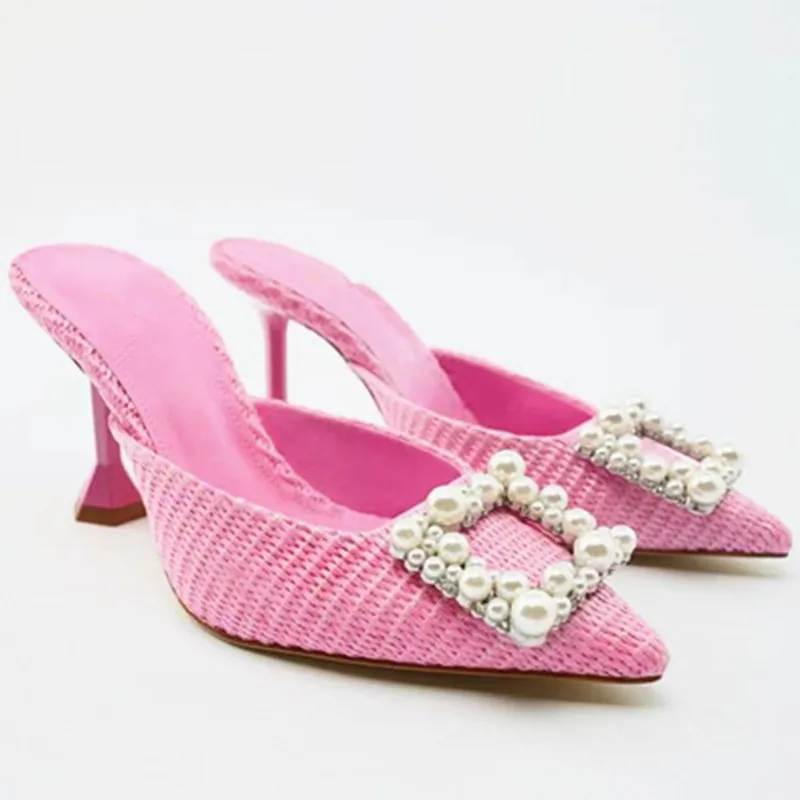 

2022 Sprong and Summer New Women's Pink Mullers Pointed Thin Heel Sandals Artificial Pearl Square Buckle Single Shoes