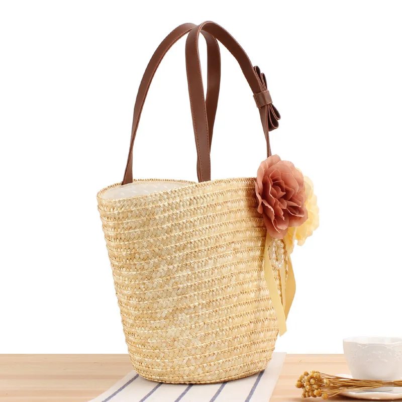 Bohemian Woven Rattan Straw Bags Fashion Flower Beach Bag Women Shoulder Bag Handbags and Purses Bali Travel Basket Woven Bags