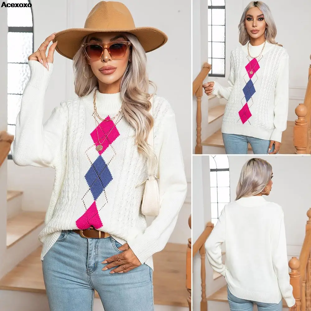 

Женская ажурная клетчатая косичка в клетку с длинным рукавом и высоким воротником Новинка Осень-зима