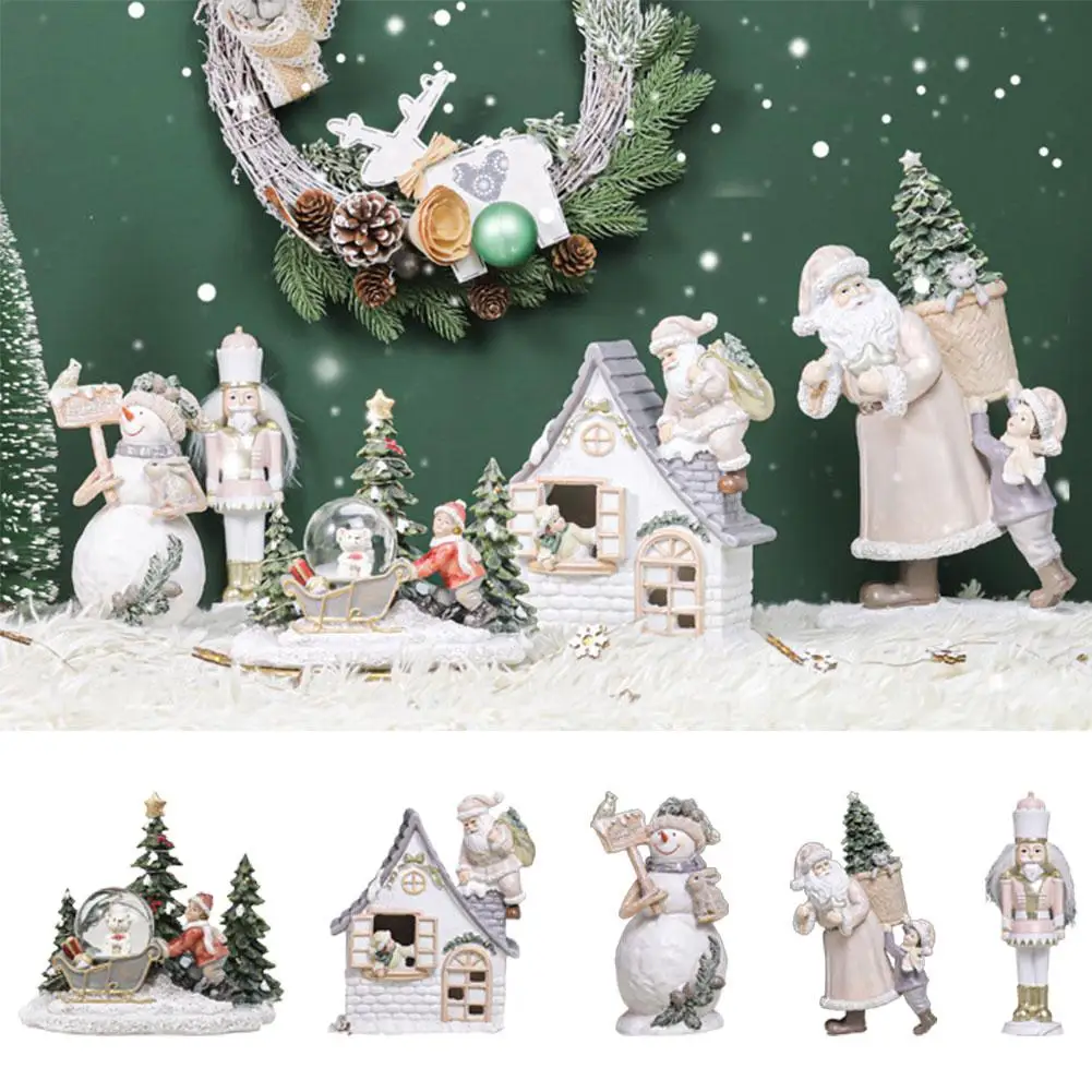 

Christmas Village Resin House Santa Claus Snowman Christmas Tree Ornament Desktop Showcase Decor New Year Home Gift For Kid P5A9