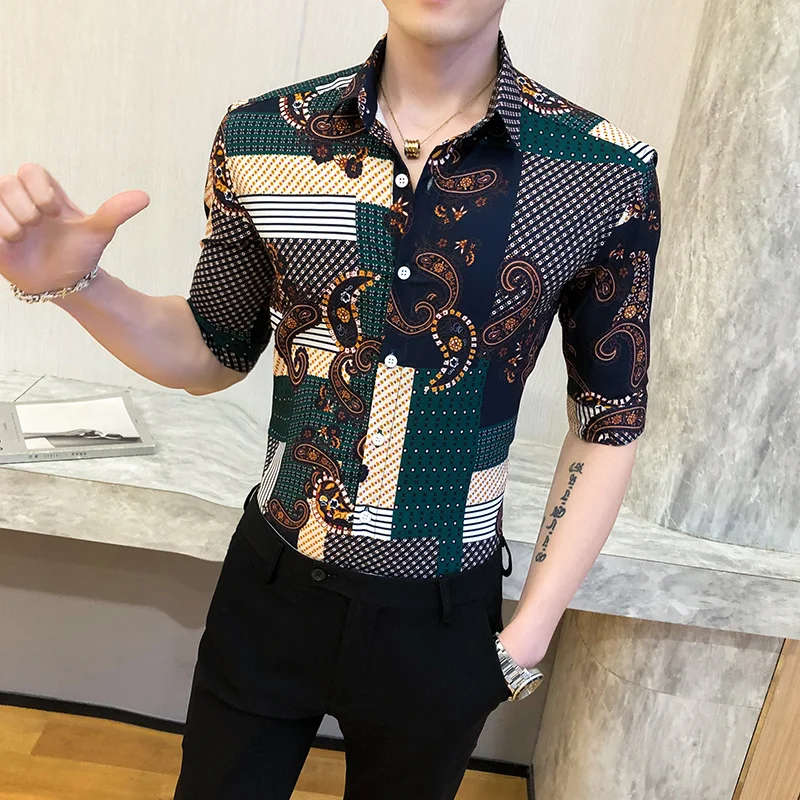 

Luxury Baroque Print Shirt Men Casual Slim Fit Short Sleeve Dress Shirts Summer Night Club Party Streetwear Blouse Homme Camisa