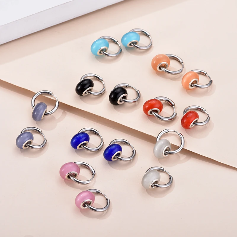 

New Round Stainless Steel Hoop Earrings For Women Cat Eye Stone Beaded Charm Ear Buckle Hoops Earrings Jewerly Gift Pendientes