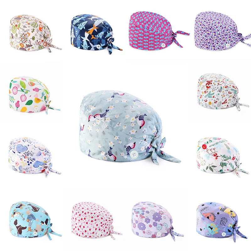 

1pc Pure Cotton Surgical Cap Baotou Cap Doctor Hat Nurse Floral Printing Fashion Sweat-absorbent Towel Buckle