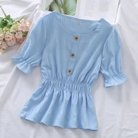 2022 summer new korean waist shirring blouses pullovers casual fashion short sleeve solid color basic o neck slim thin shirt