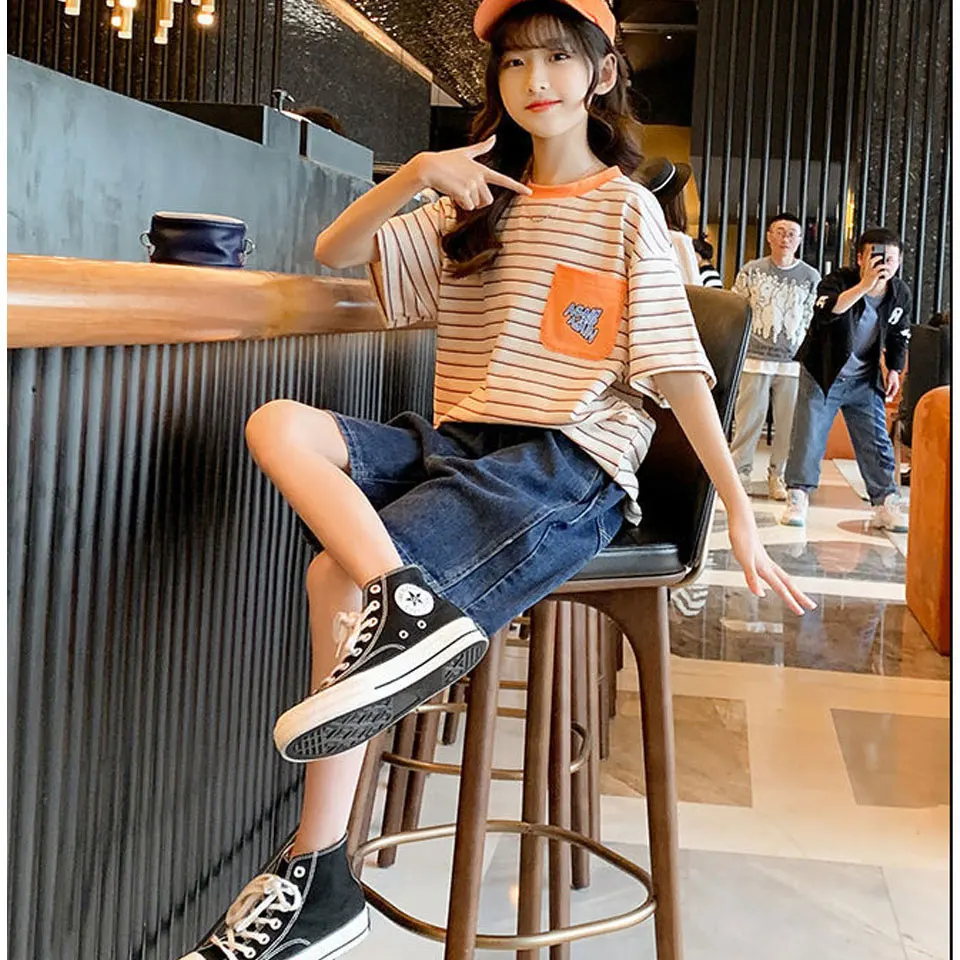 

Summer Striped Short Sleeve t-Shirt +Shorts 2Pieces Set Casual Baby Girl Clothes Outfits For Age 4-14Year teen girls clothing