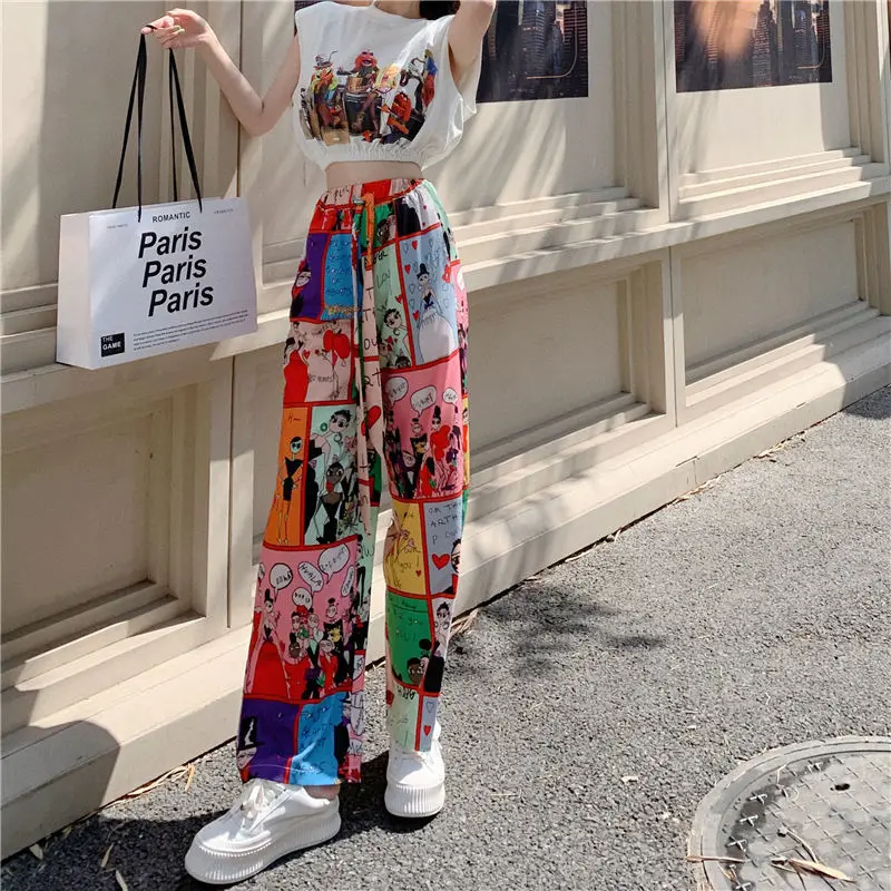 Summer New Cartoon Pattern Wide Leg Pants Ladies High Waist Loose Plus Size Straight Trousers Fashion Casual Women Clothing