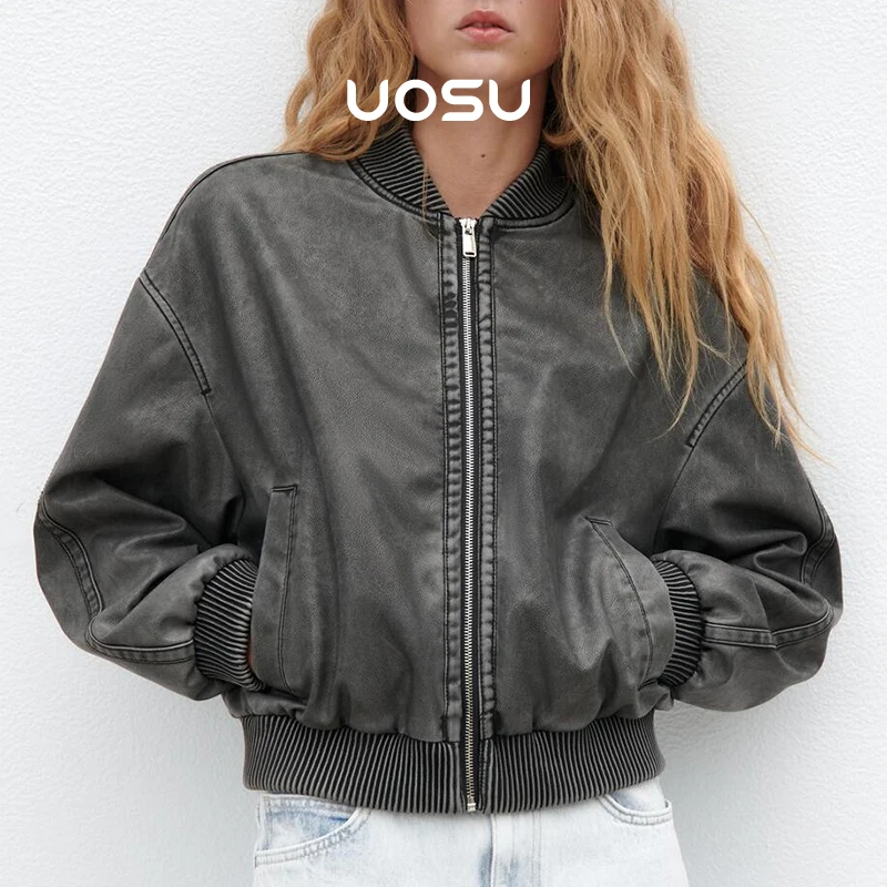 

Motor Biker Washed Faux Leather Pu Bomber Women Jacket Vintage Retro Gothic Punk Luxury Brand Design 2023 Ins Fashion Streetwear