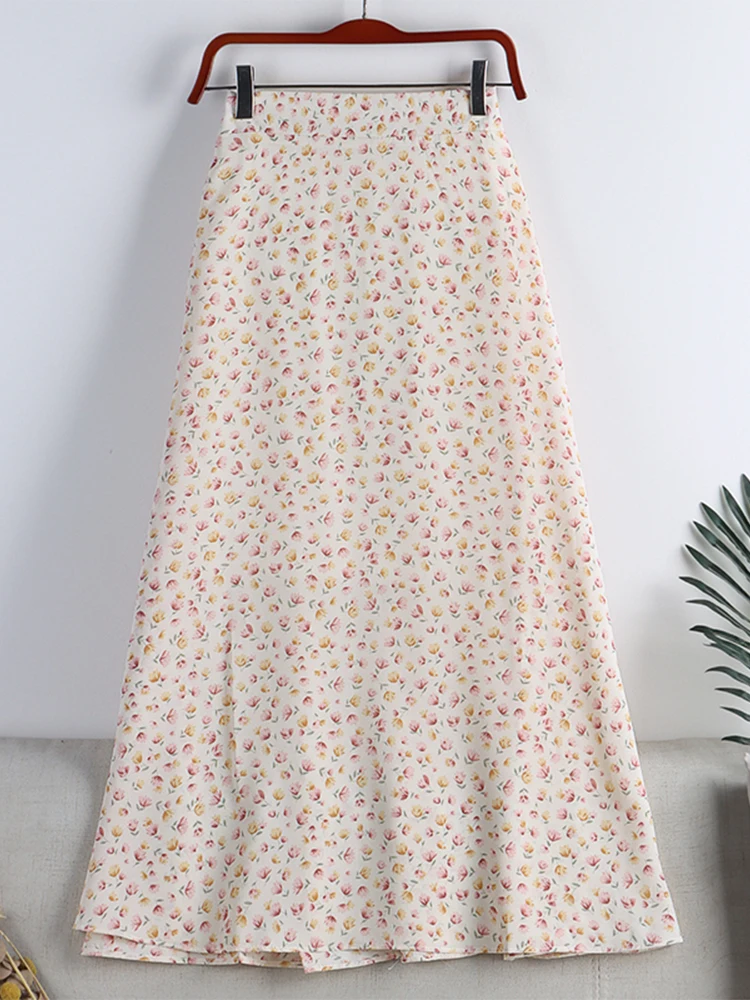 

Summer Woman Sweet Chiffon Skirt Korean Style Elastic High Waist Swing Umbrella Skirt Vintage Flower Print A-line Midi Skirt