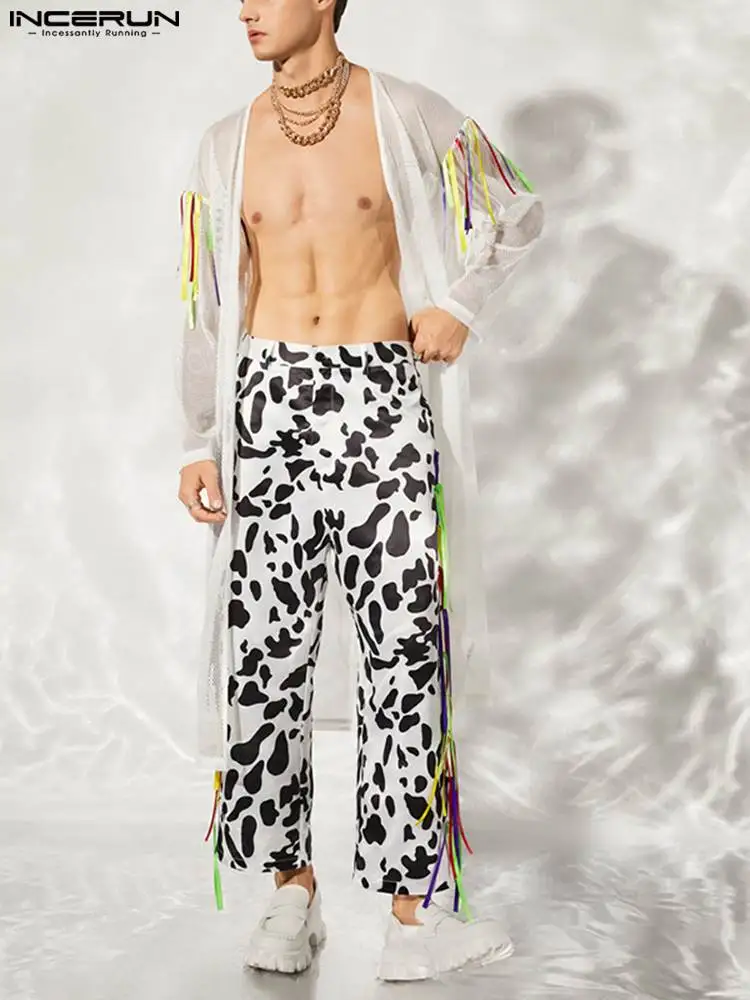 

INCERUN Men Shirt Outerwear Mesh Patchwork See Through Open Stitch Long Sleeve Long Style Cardigan Streetwear 2022 Casual Camisa