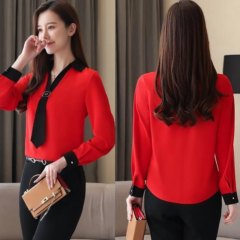 

Casual Loose Plus Size Long Sleeve Tops Pullover Chic Patchwork Office Wear Blouse Lady Elegant V-neck Chiffon Shirt Women