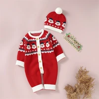 0 18m infant baby girls boys 2pcs christmas rompers outfits long sleeve button down winter knitted warm romper beanie hat set