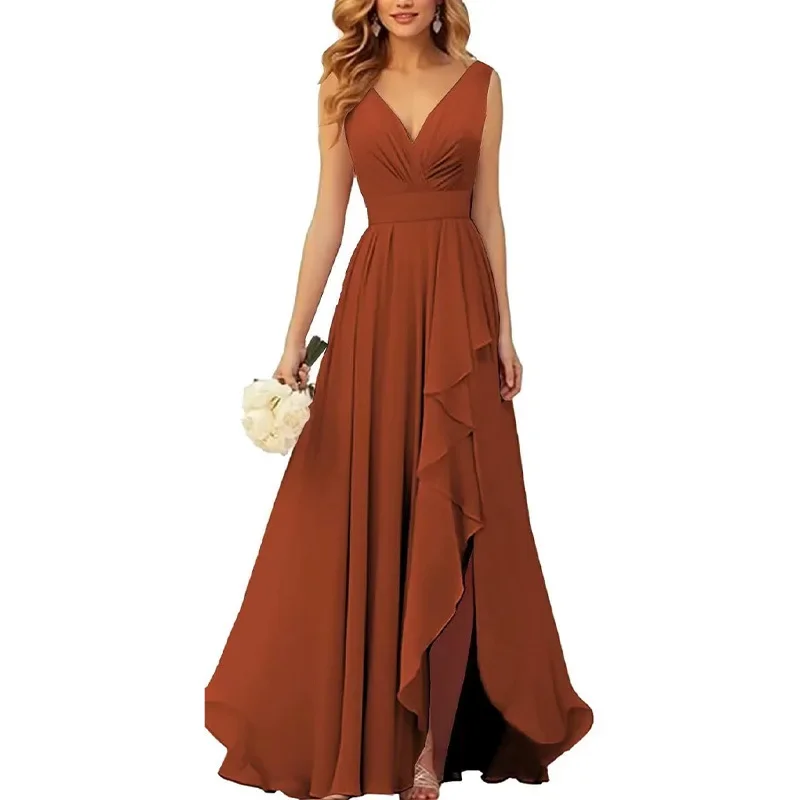Casual Women V Neck Bridesmaid Dresses 2024 New Fashion Slit Long Ruffle Formal Evening Dress Wedding Party Gowns Chiffon