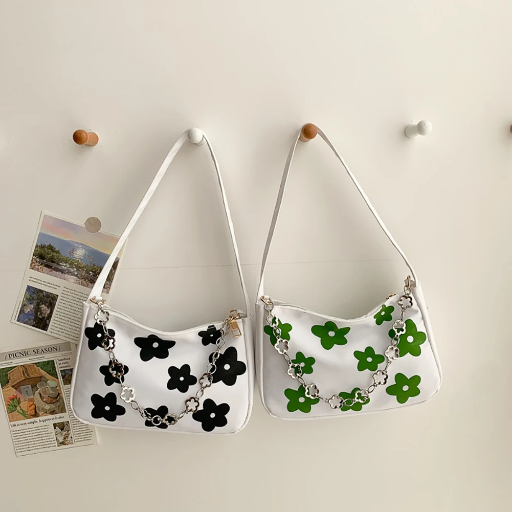 

Women Chain Underarm Shoulder Bag Canvas Flower Print Ladies Small Handbags Fabric Casual Tote Luxury Designer Handbags
