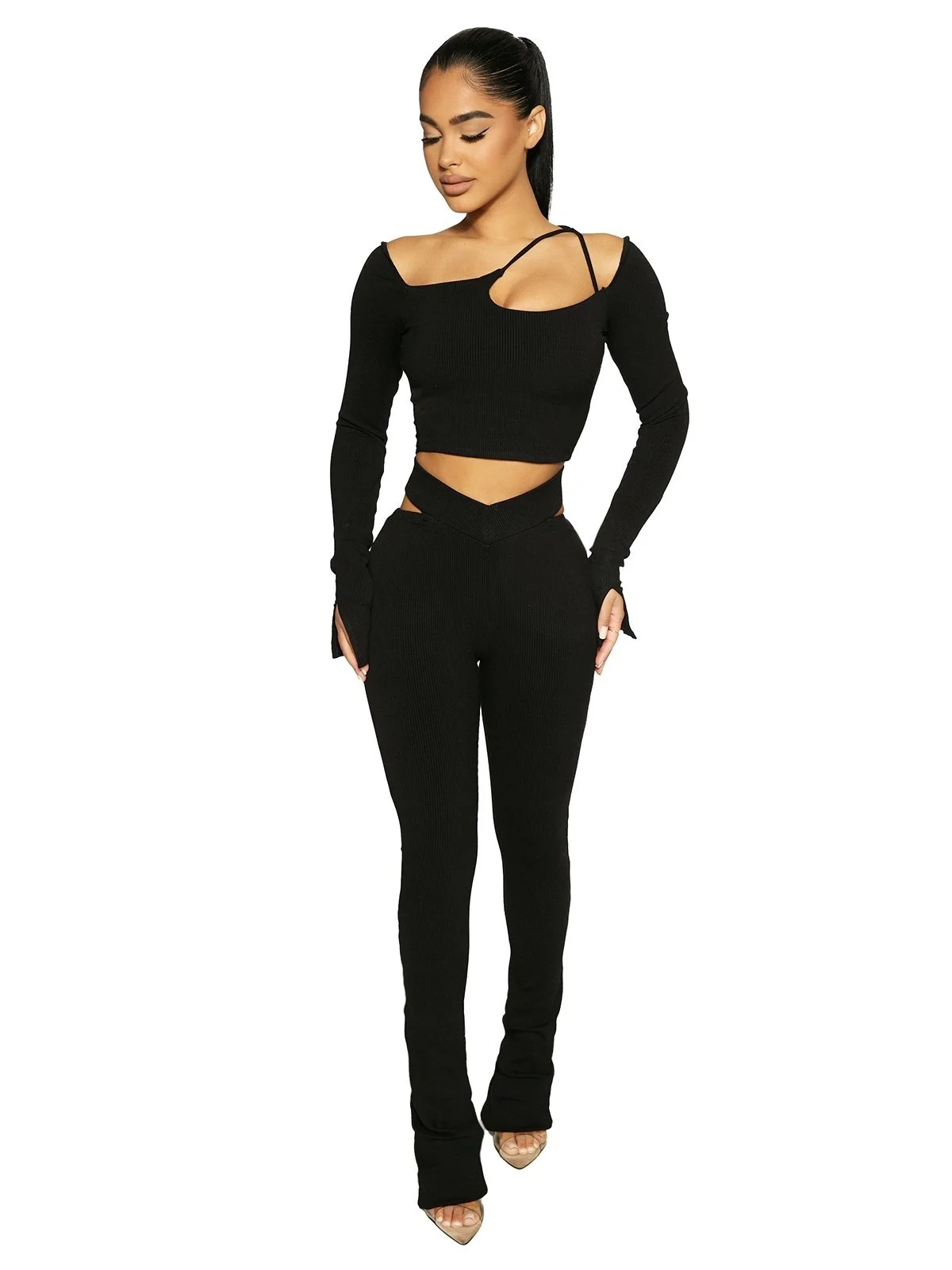 

Autumn Women Long Sleeved Solid Color Pants Set Lace Up High Waist Two-piece Set Hollow Out Solid Color 2 Piece Set