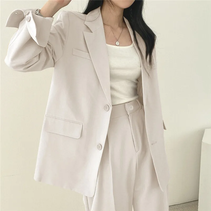 

2023 Chic Office Lady Pocket Jacket High Waist Wide-legged Pants Suit Khaki Color Matching Sets Spring Autumn