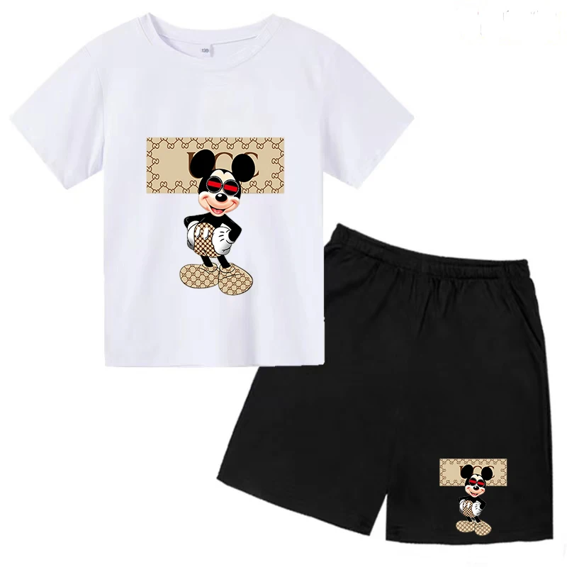 New Anime Mickey Mouse Kids T-shirt + Shorts 2P Disney Minnie Summer Boys Girls Baby Toddler Charming Casual Party Clothes Set