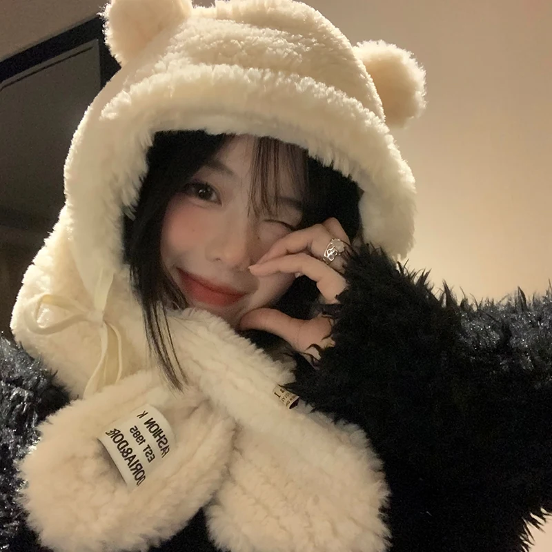 

Bear Scarf One Hat Women Winter All Cute Plush Thickened Warm Cycling Lei Feng Hat Outdoor Street Art Ear Protection Hat