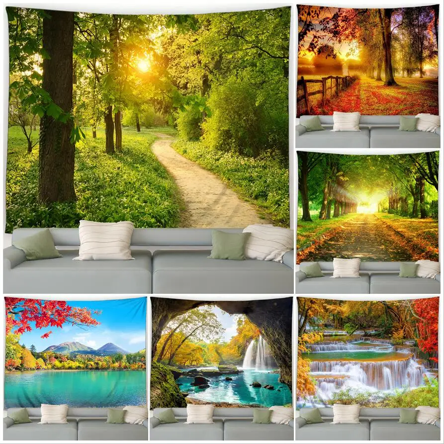 

Forest Landscape Tapestry Waterfall Maple Leaves Lake Mountain Autumn Nature Scenery Home Living Room Decor Garden Wall Hanging